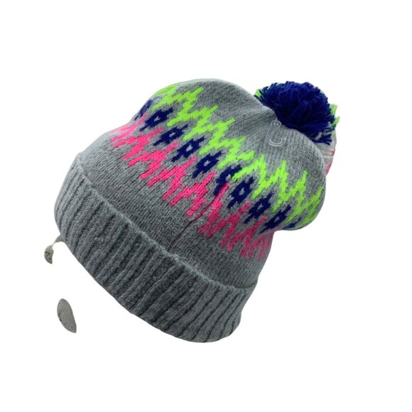 Aeropostale Gray Knit Pom Beanie Hat Neon Pink Green Fair Isle Pattern NWOT - Picture 5 of 6